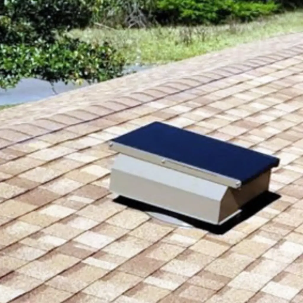 Image of a roof with an attic breeze solar vent